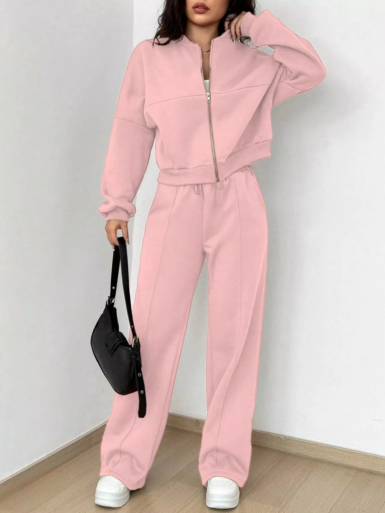 Casual Solid Color Zipper Jacket and Wide Leg Pants Set OutfitFlow