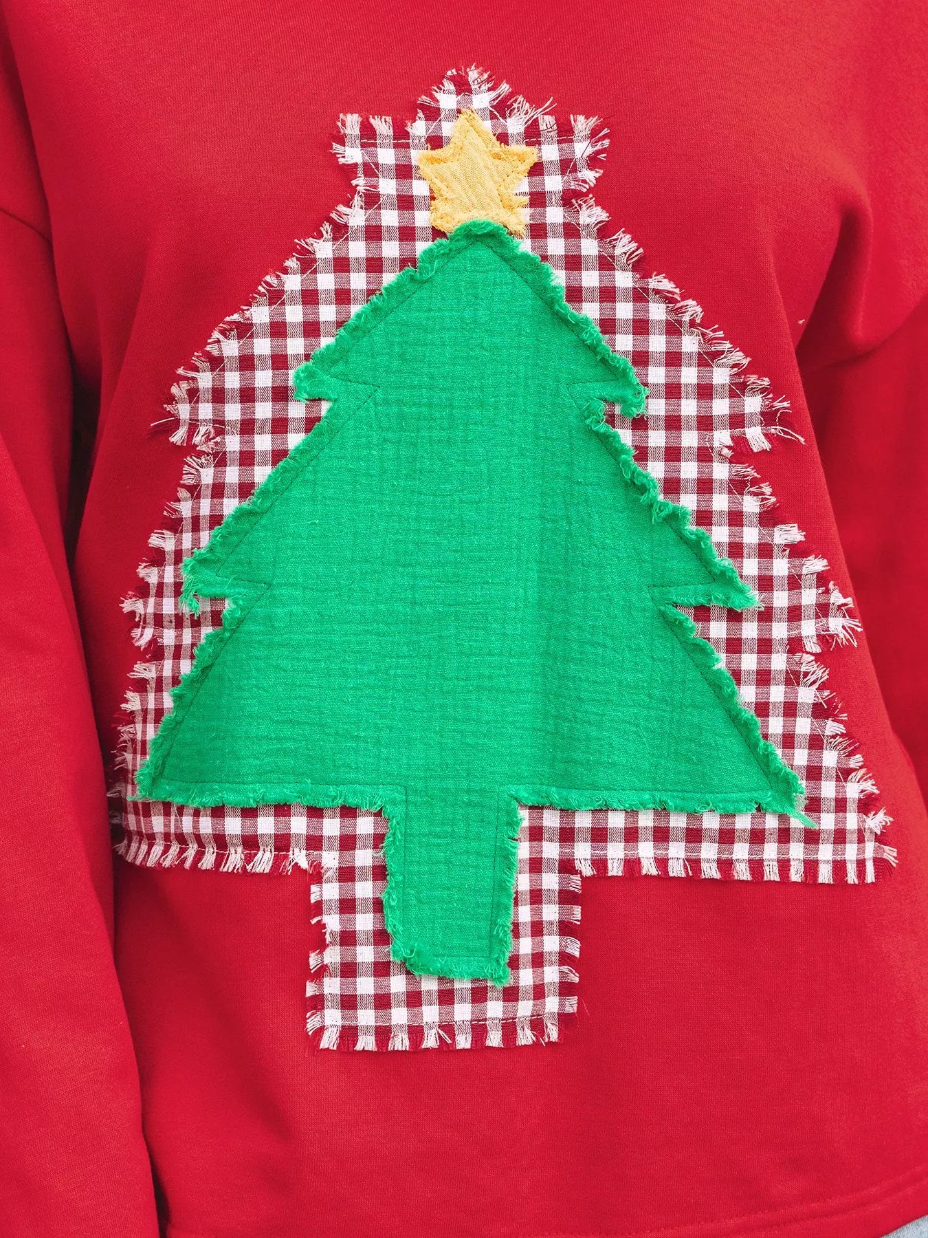 Plaid Frayed Double Christmas Tree Patched Drop Shoulder Sweatshirt OutfitFlow