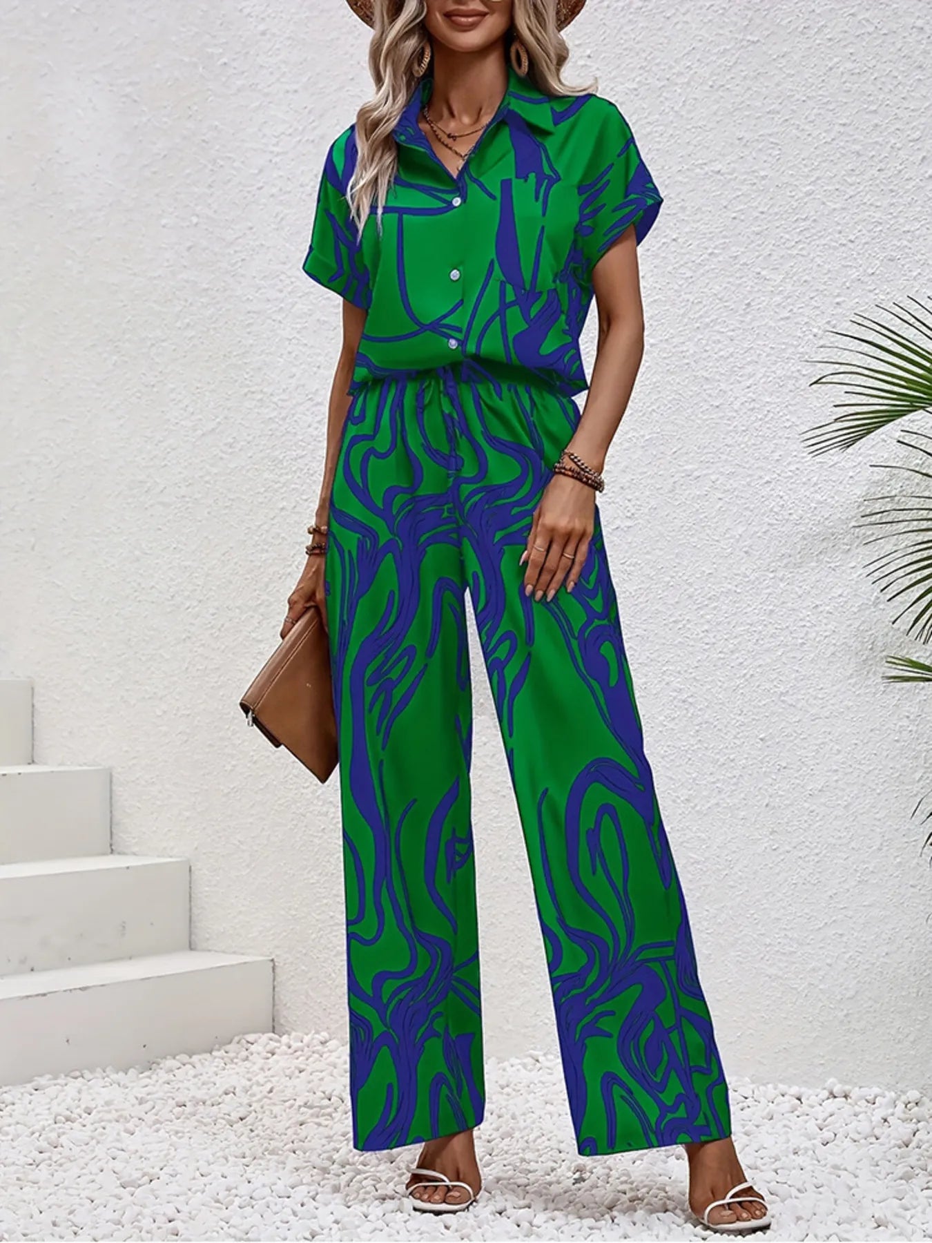 Printed Button Up Shirt and Pants Set Green OutfitFlow