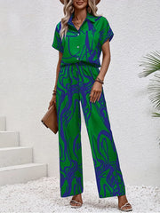 Printed Button Up Shirt and Pants Set Green OutfitFlow