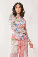 Davi & Dani Multi Printed Mesh Round Neck Long Sleeve Top OutfitFlow