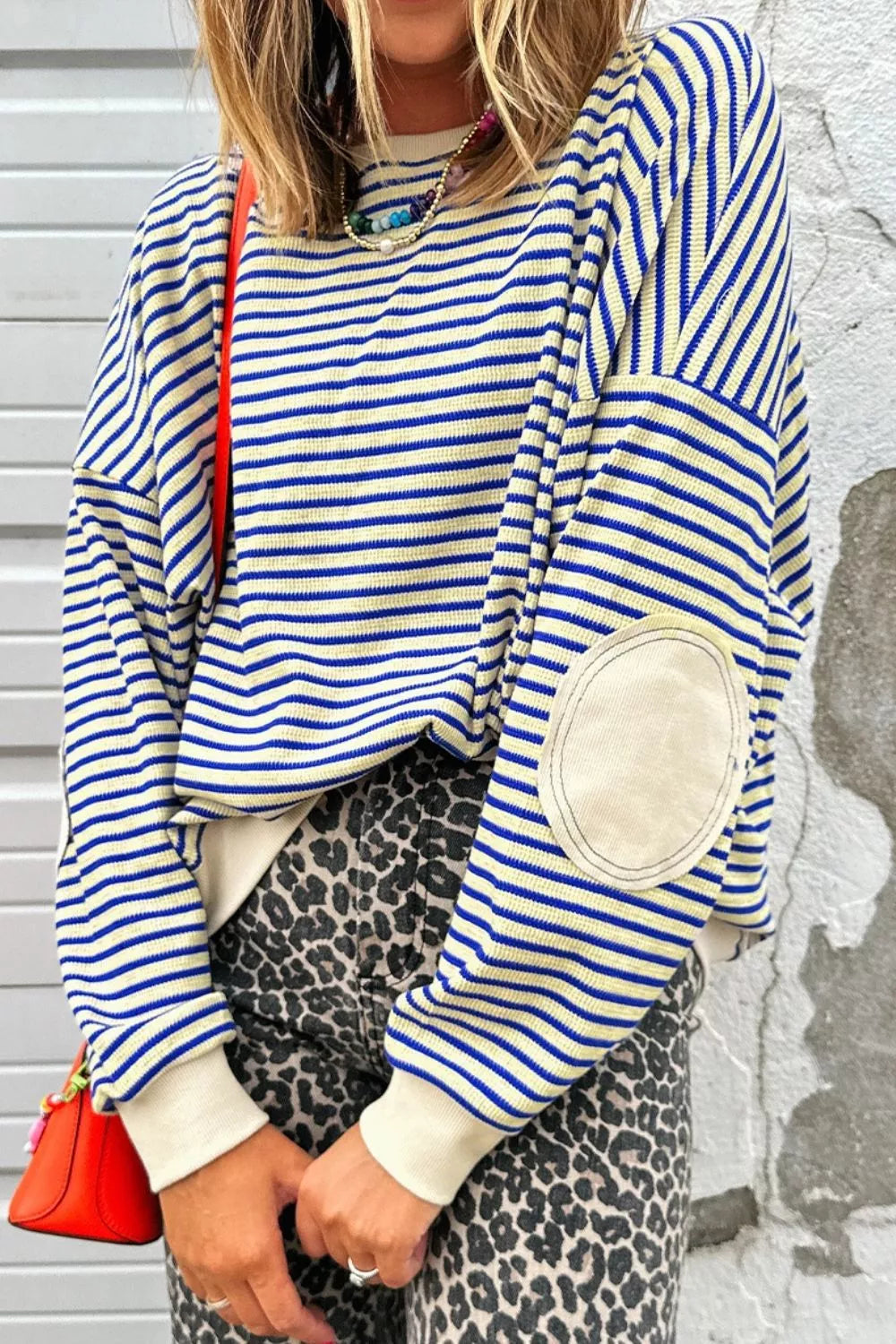 Striped Round Neck Dropped Shoulder Sweatshirt OutfitFlow