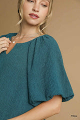 Umgee Textured Flutter Sleeve Notch Neck Top OutfitFlow
