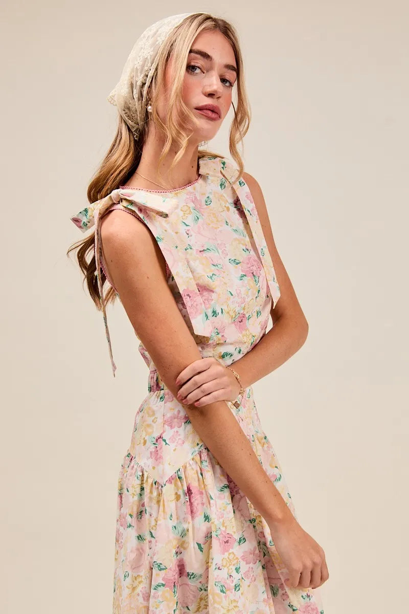 SO ME Floral Printed Woven Shoulder Bow Tie Top and Skirt Set OutfitFlow