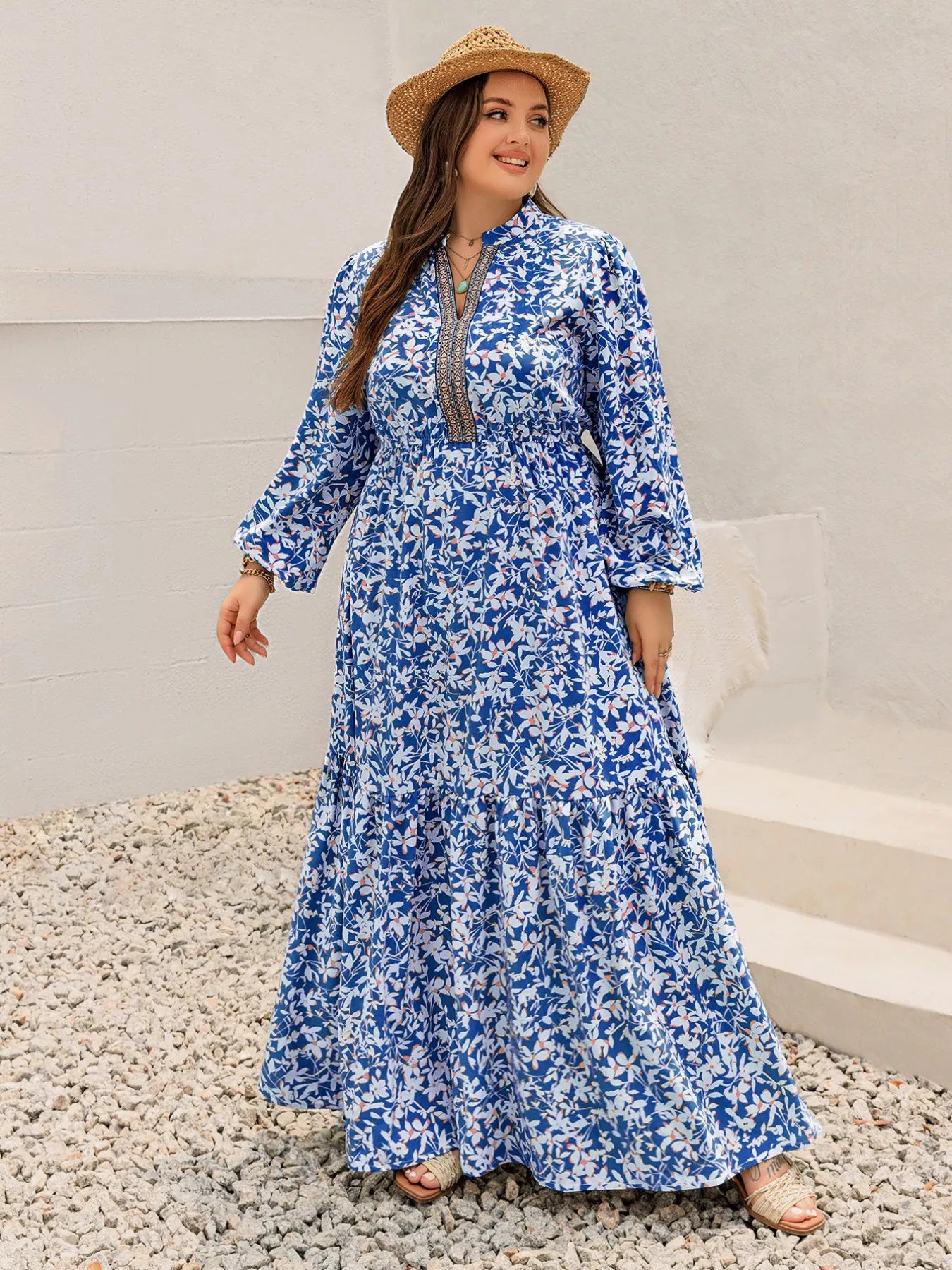 Plus Size Floral Print Bohemian Maxi Dress OutfitFlow