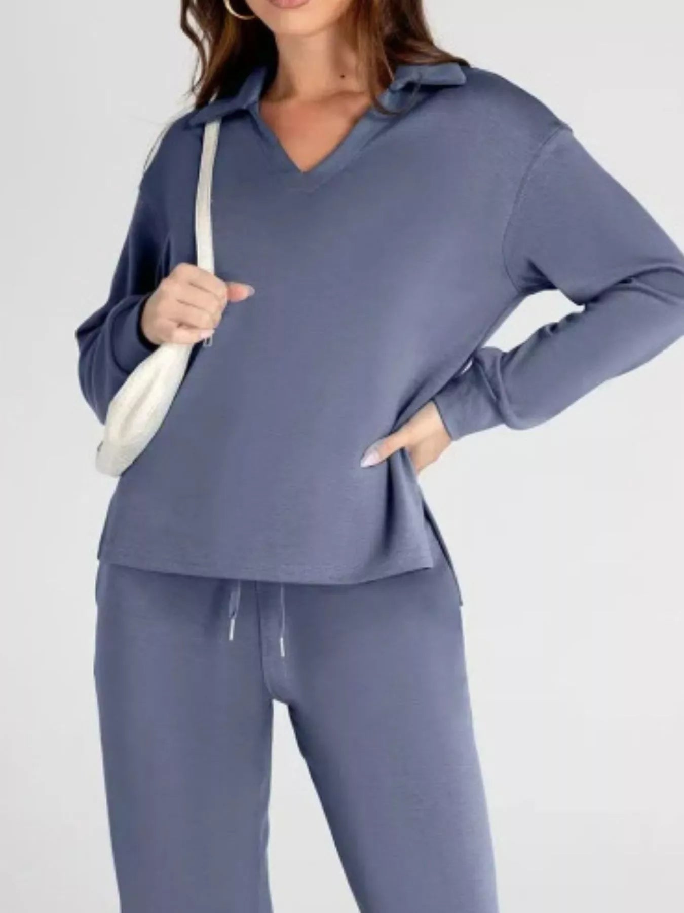 Full Size Johnny Collar Long Sleeve Top and Pants Plus Size OutfitFlow