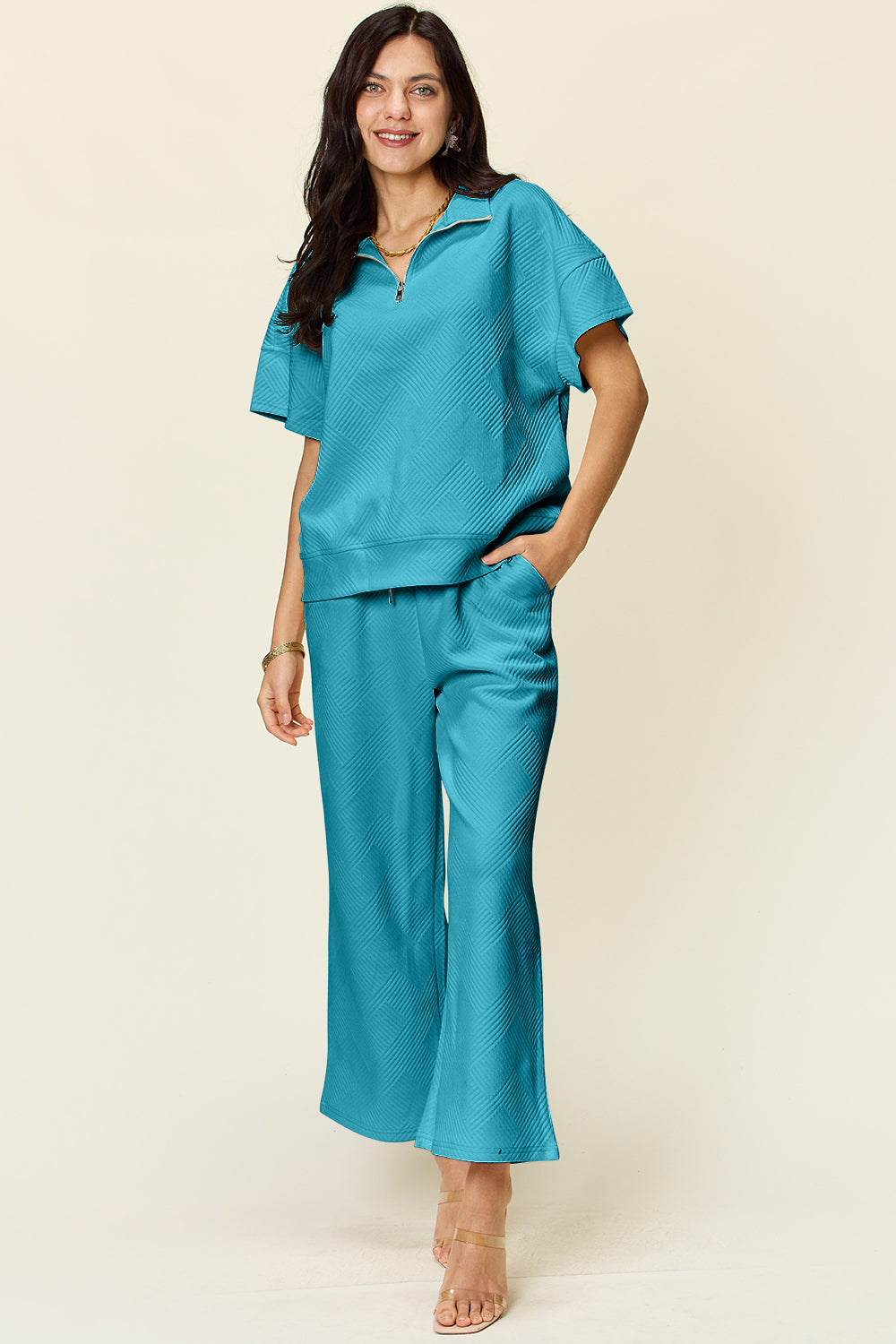 Double Take Full Size Texture Half Zip Short Sleeve Top and Pants Set Light Blue OutfitFlow