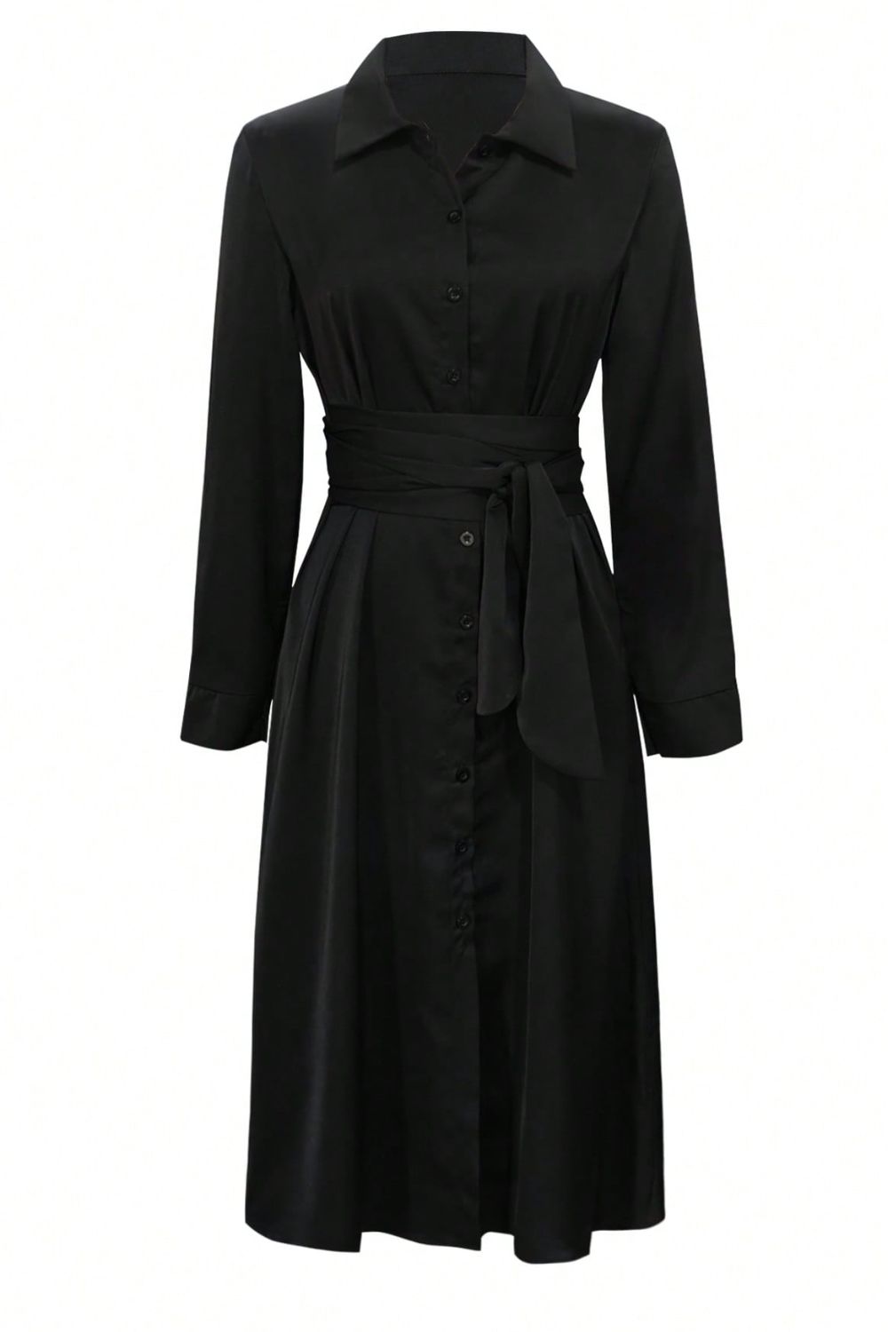 Collared Neck Long Sleeve Midi Shirt Dress OutfitFlow