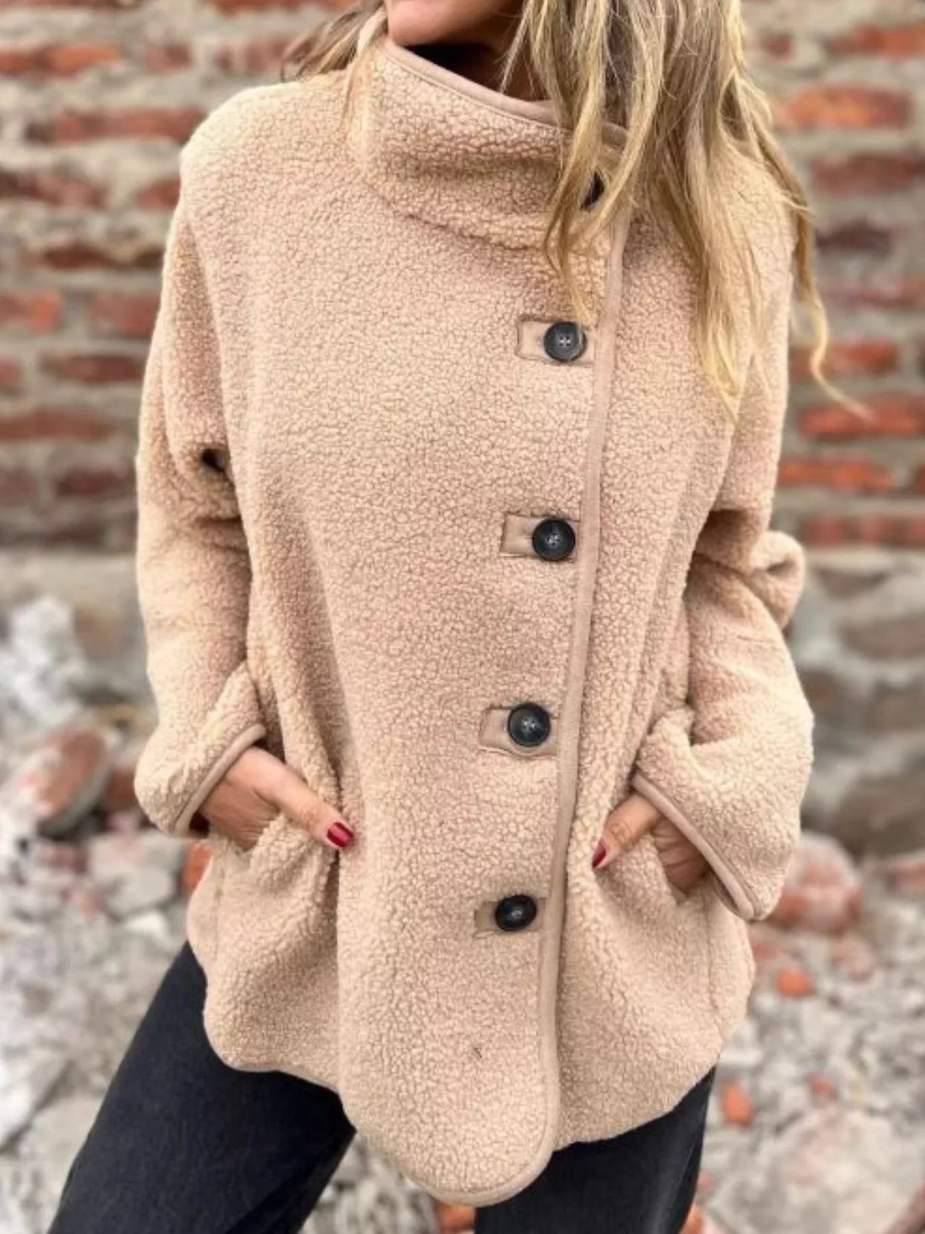 Full Size Button Up Long Sleeve Fleece Jacket Plus Size Khaki Trendsi