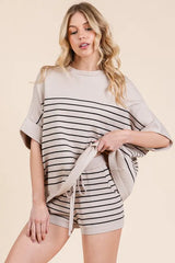 Lime 'N' Chili Striped Folded Half Sleeve Top and Shorts Set OutfitFlow