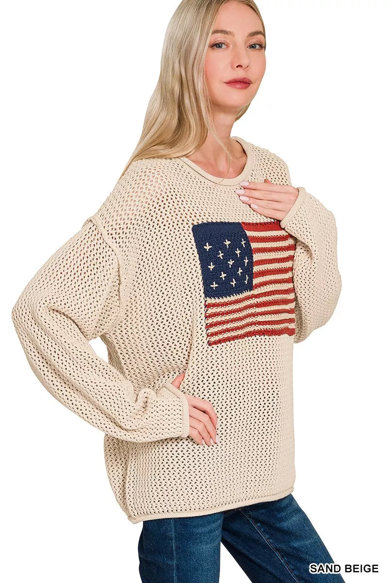 Zenana American Flag Crew Neck Sweater OutfitFlow