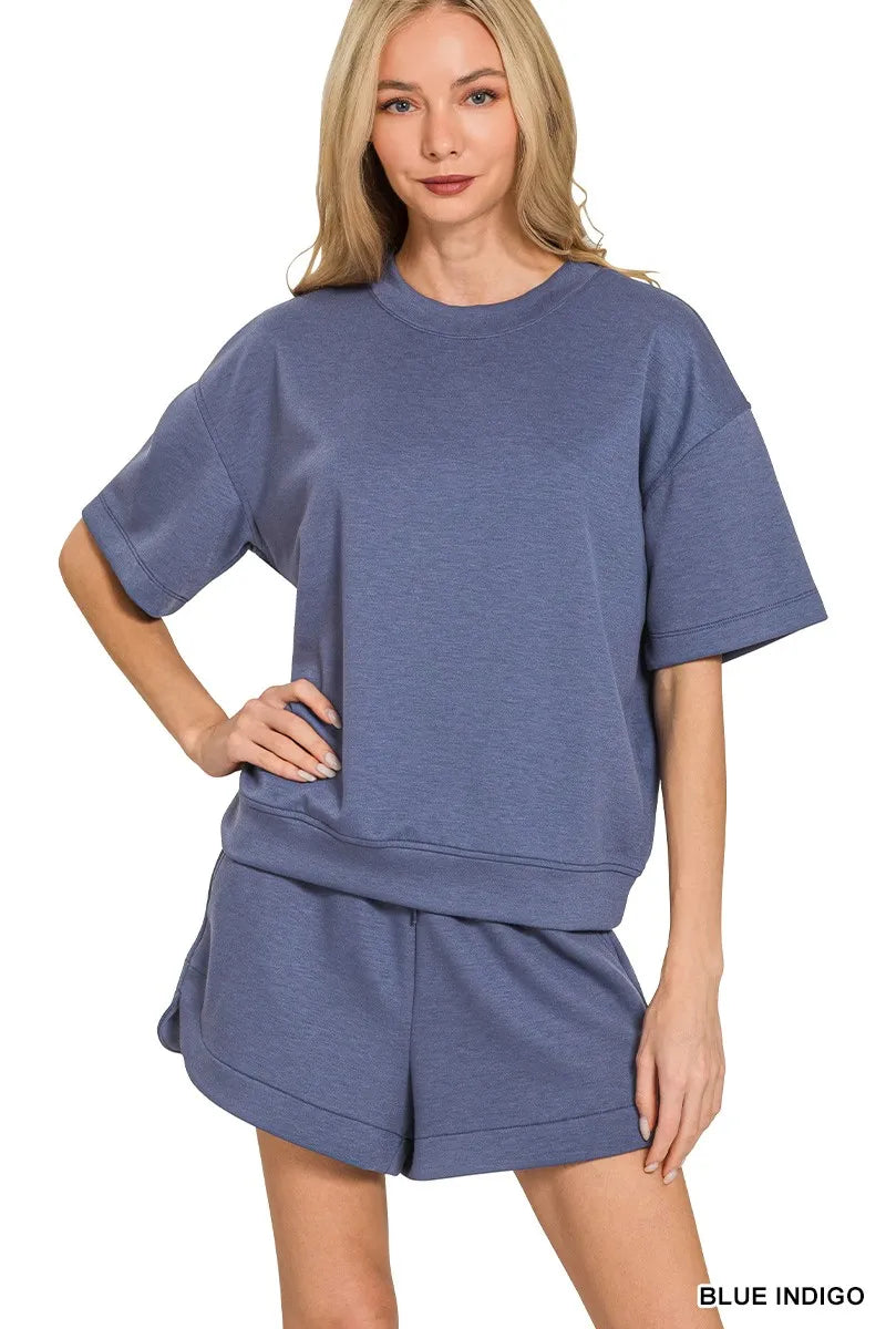 Zenana Scuba Short Sleeve Top & Shorts Set BLUE INDIGO Trendsi