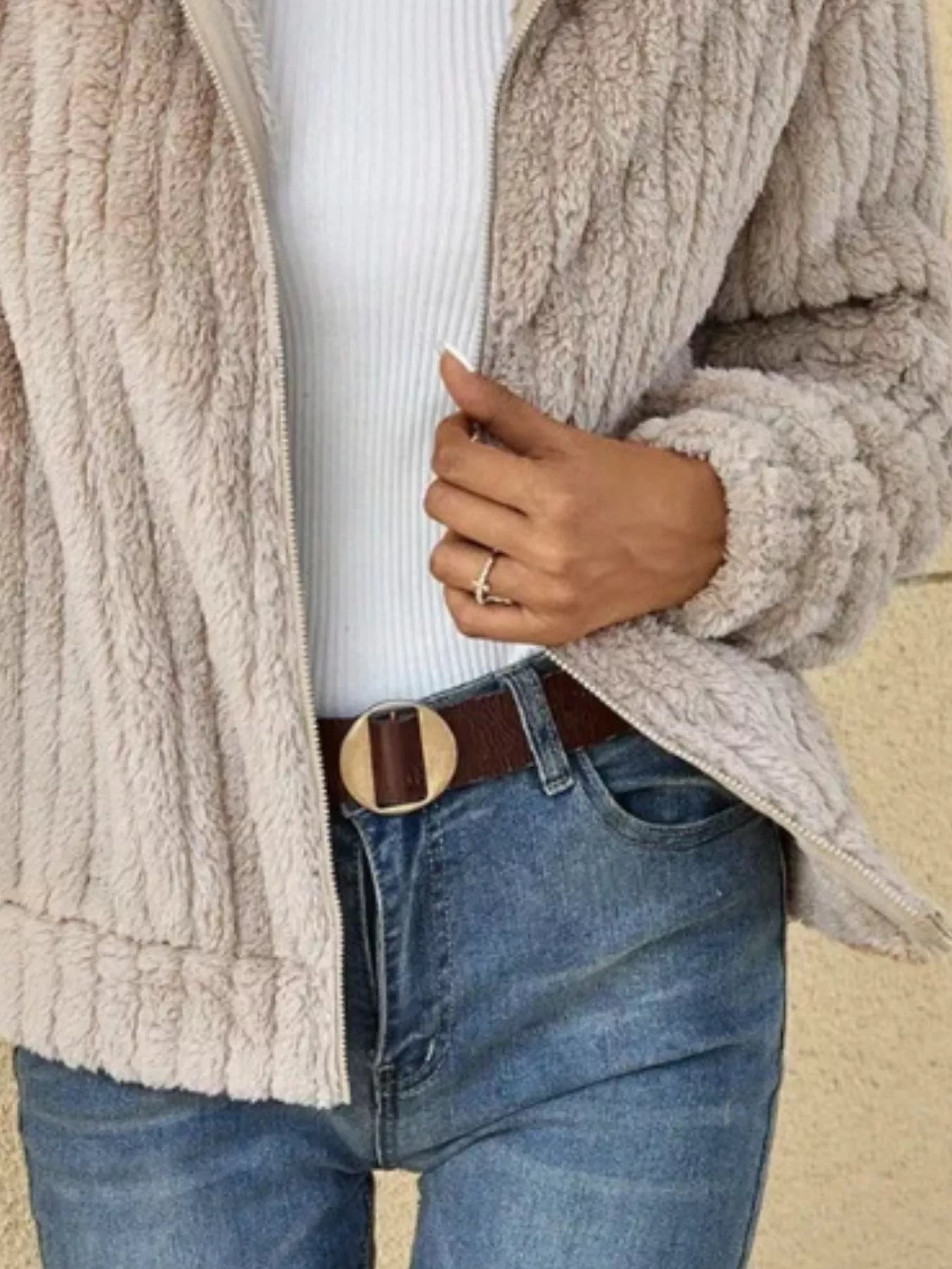 Full Size Zip-Up Long Sleeve Texture Jacket Plus Size OutfitFlow