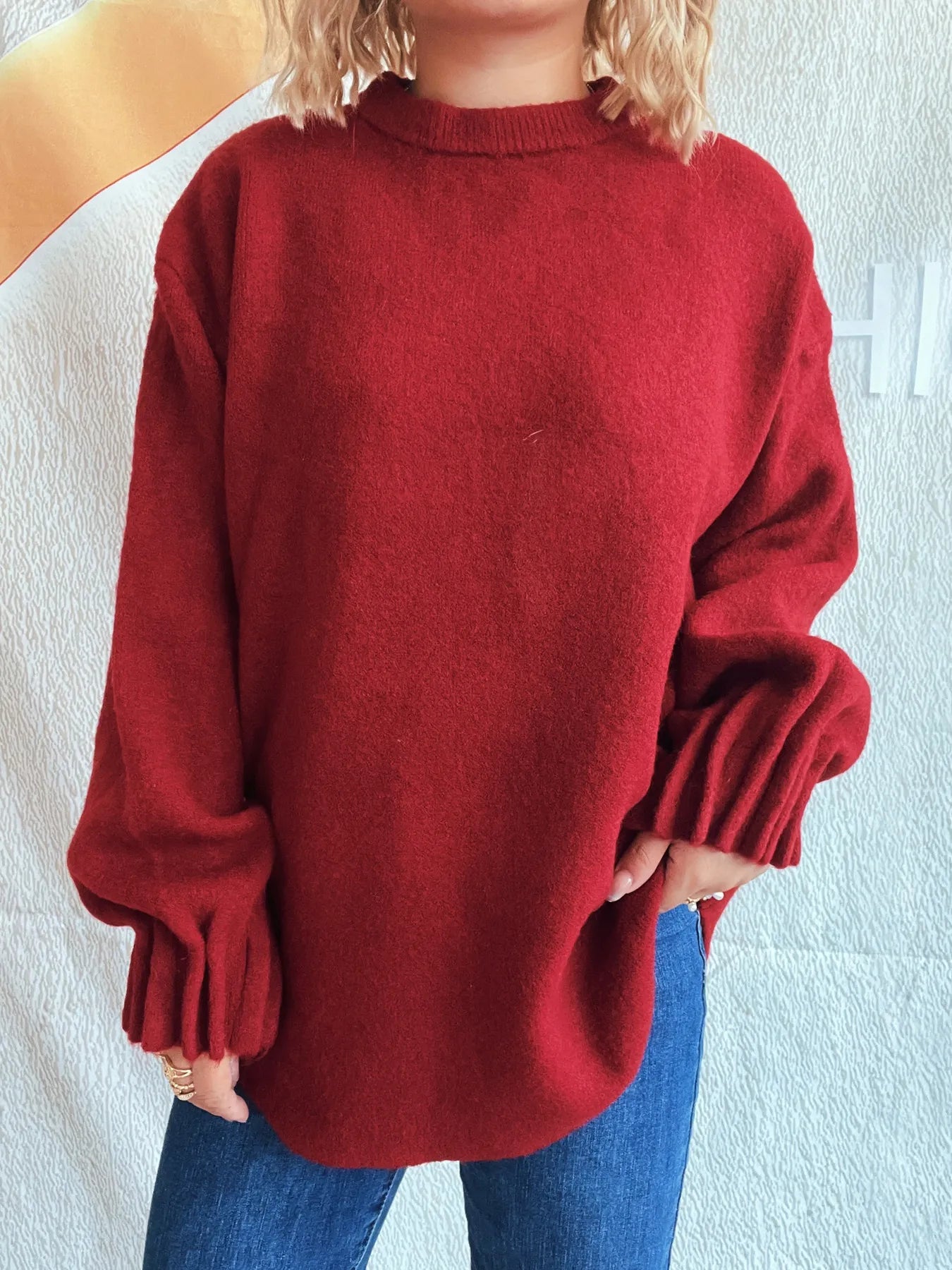 Round Neck Dropped Shoulder Sweater Red One Size OutfitFlow