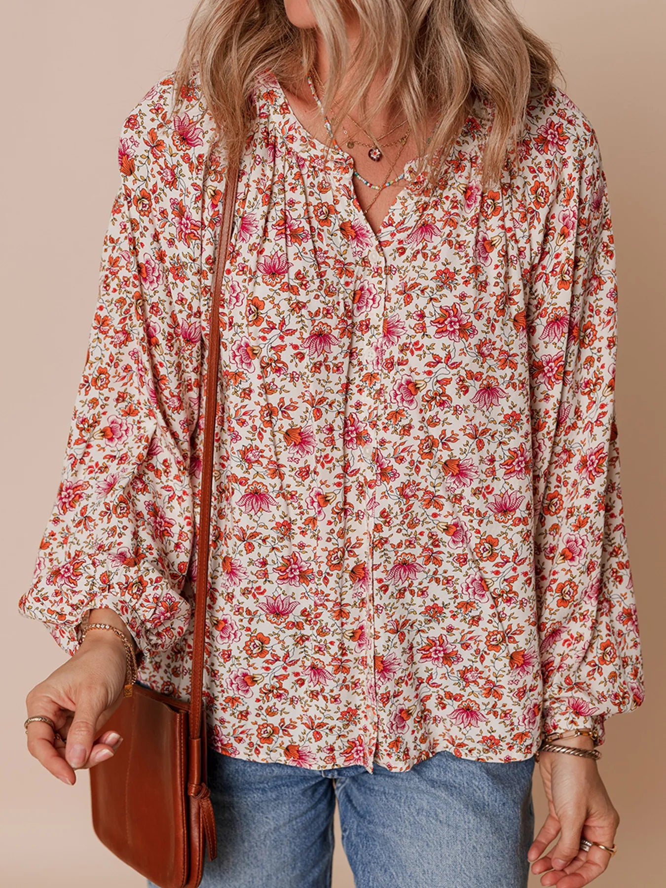 Floral Long Sleeve Button Down Blouse OutfitFlow