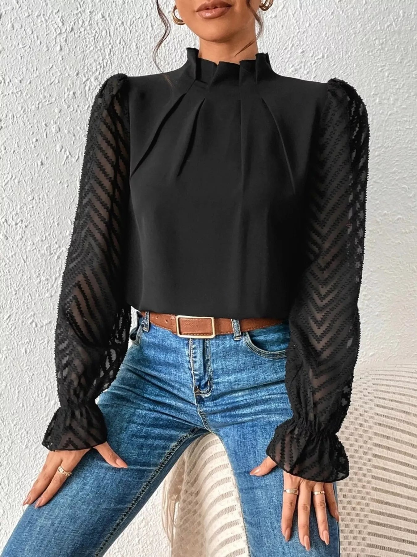 Mock Neck Sheer Lace Sleeve Blouse OutfitFlow
