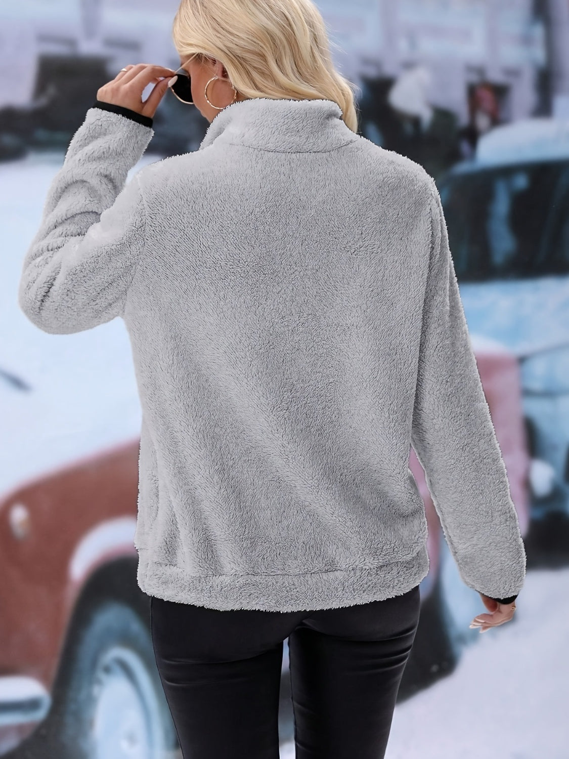 Outfit Flow - Half Zip Long Sleeve Furry Sweatshirt