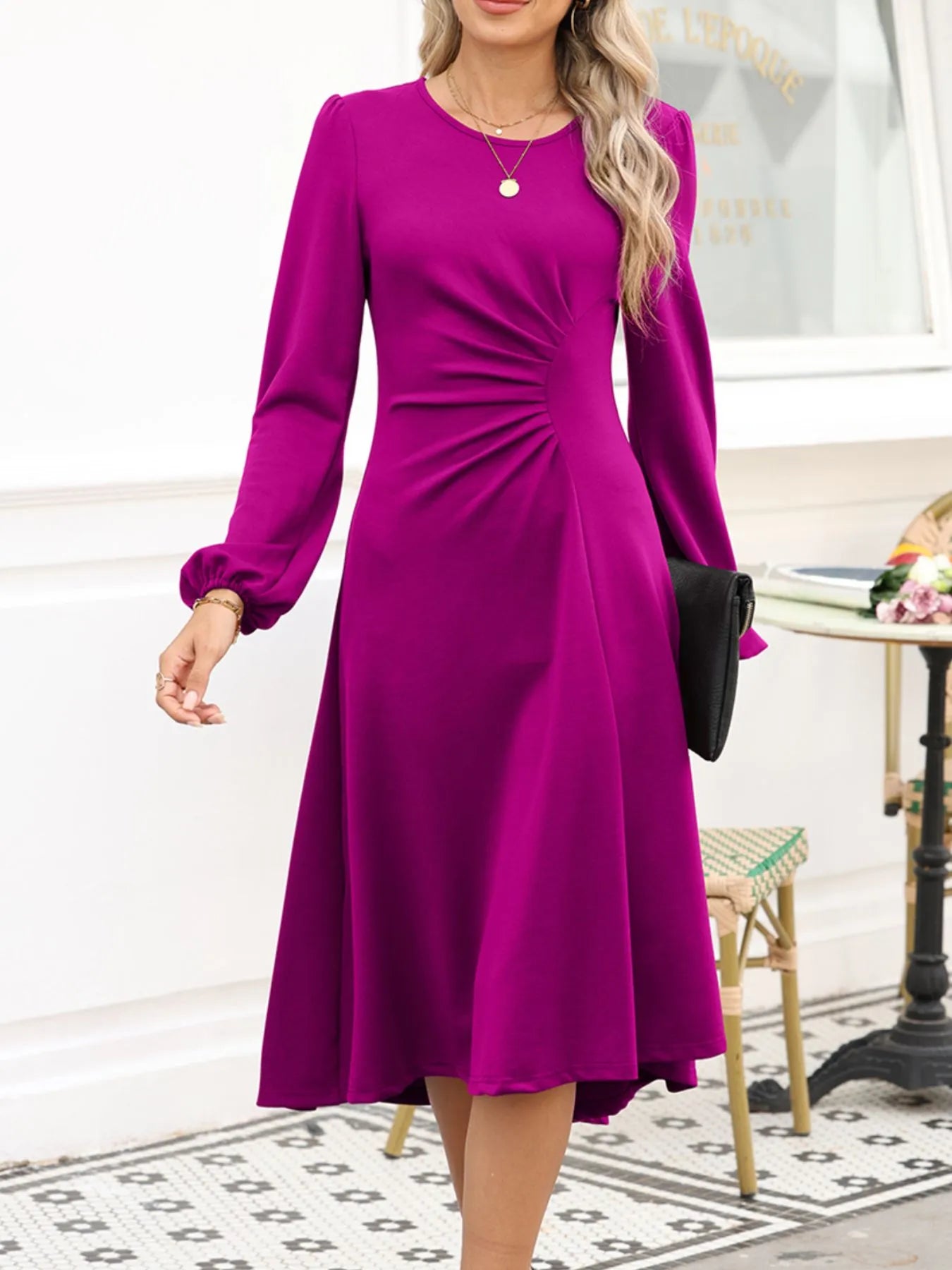 Solid Color Ruched Detail Long Sleeve Midi Dress OutfitFlow