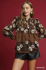 Umgee Full Size Mix Floral Smocked Ruffle Blouse Plus Size BROWN MIX Trendsi