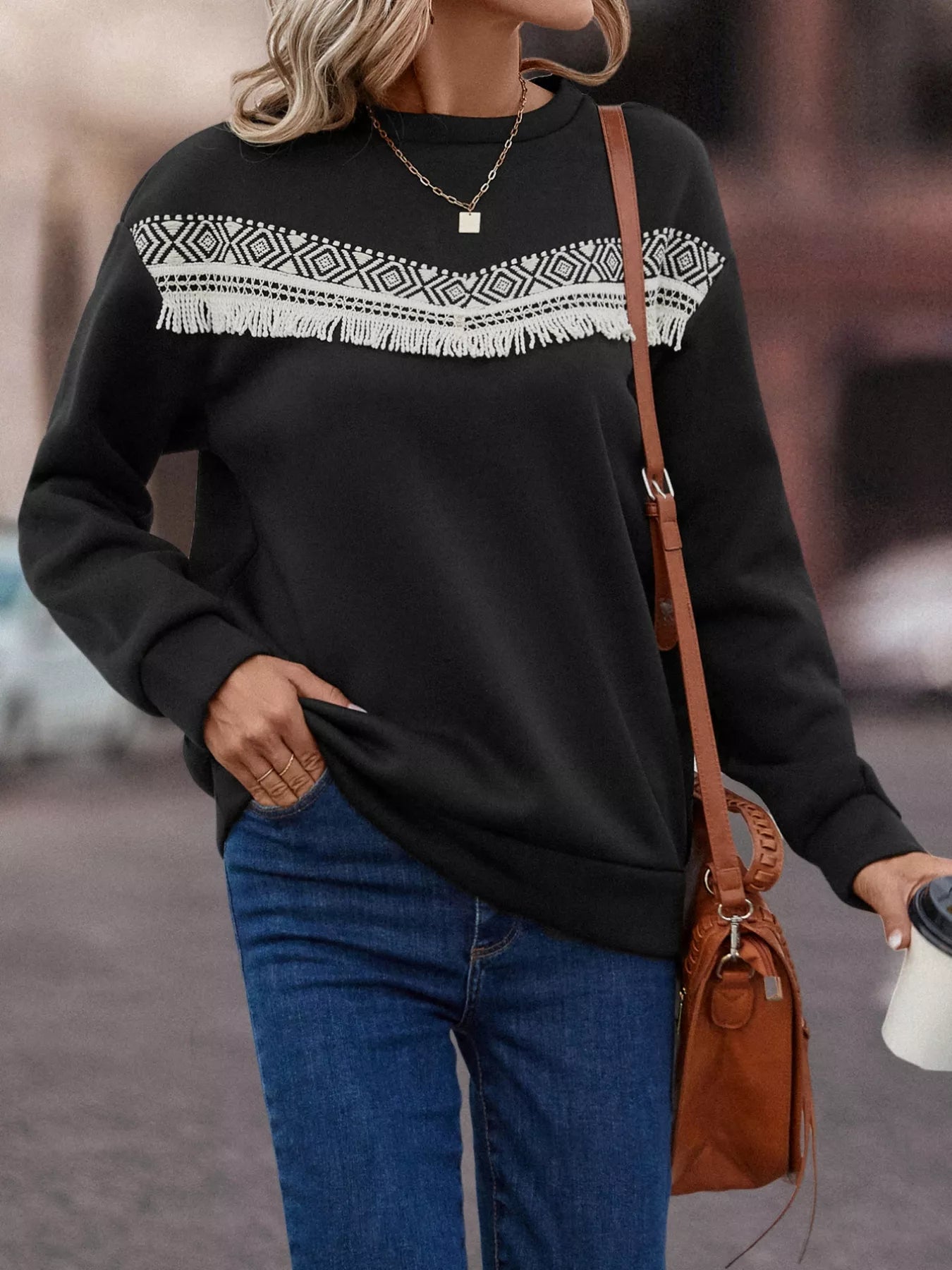 Fringe Trim Crew Neck Sweatshirt Trendsi