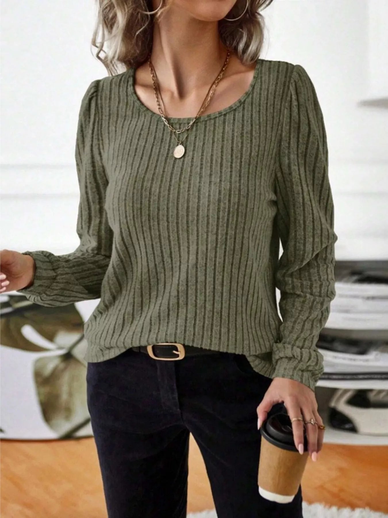 Ribbed Knit Long Sleeve T-Shirt OutfitFlow