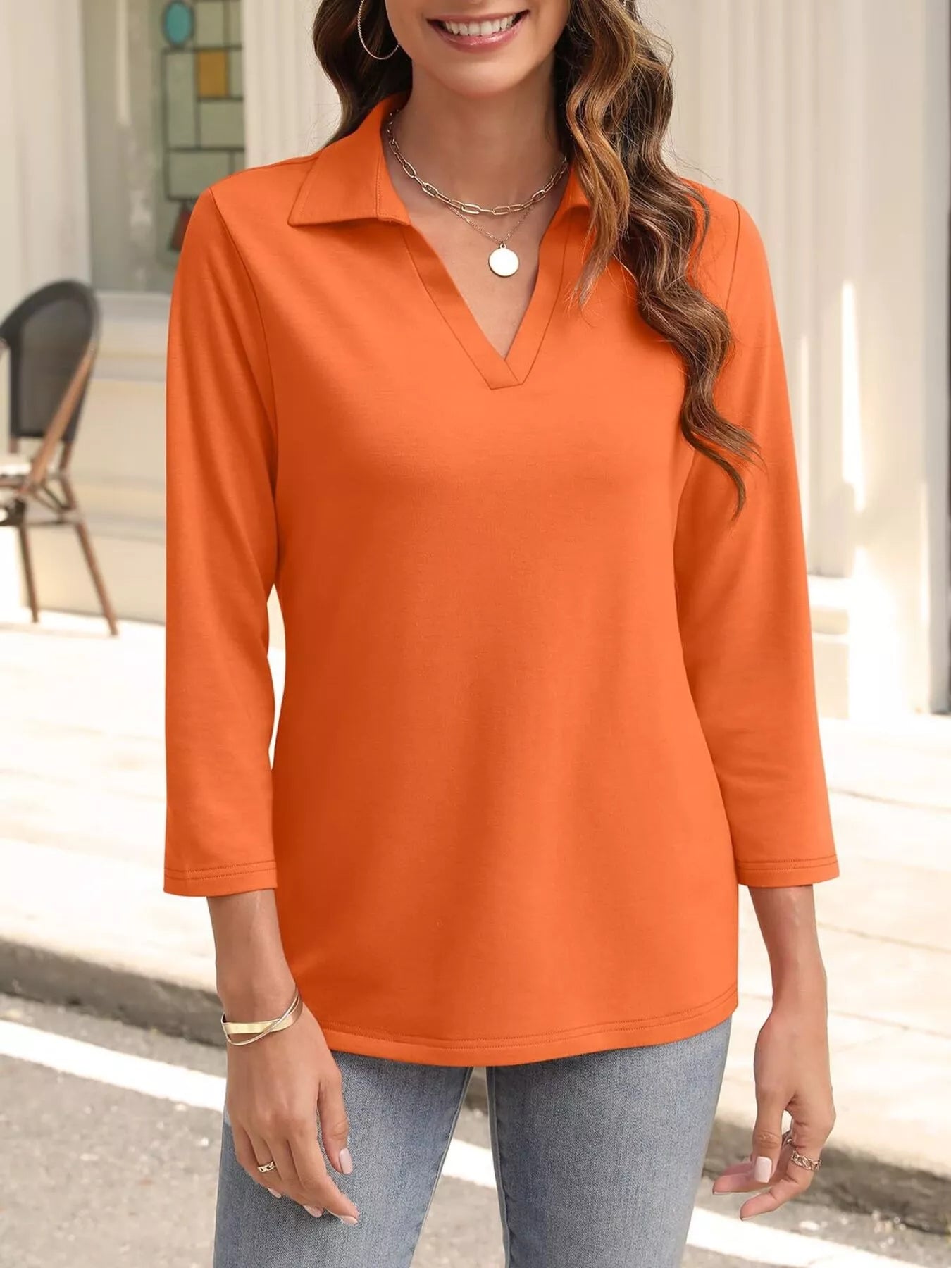 Johnny Collar Solid Color Top Orange OutfitFlow