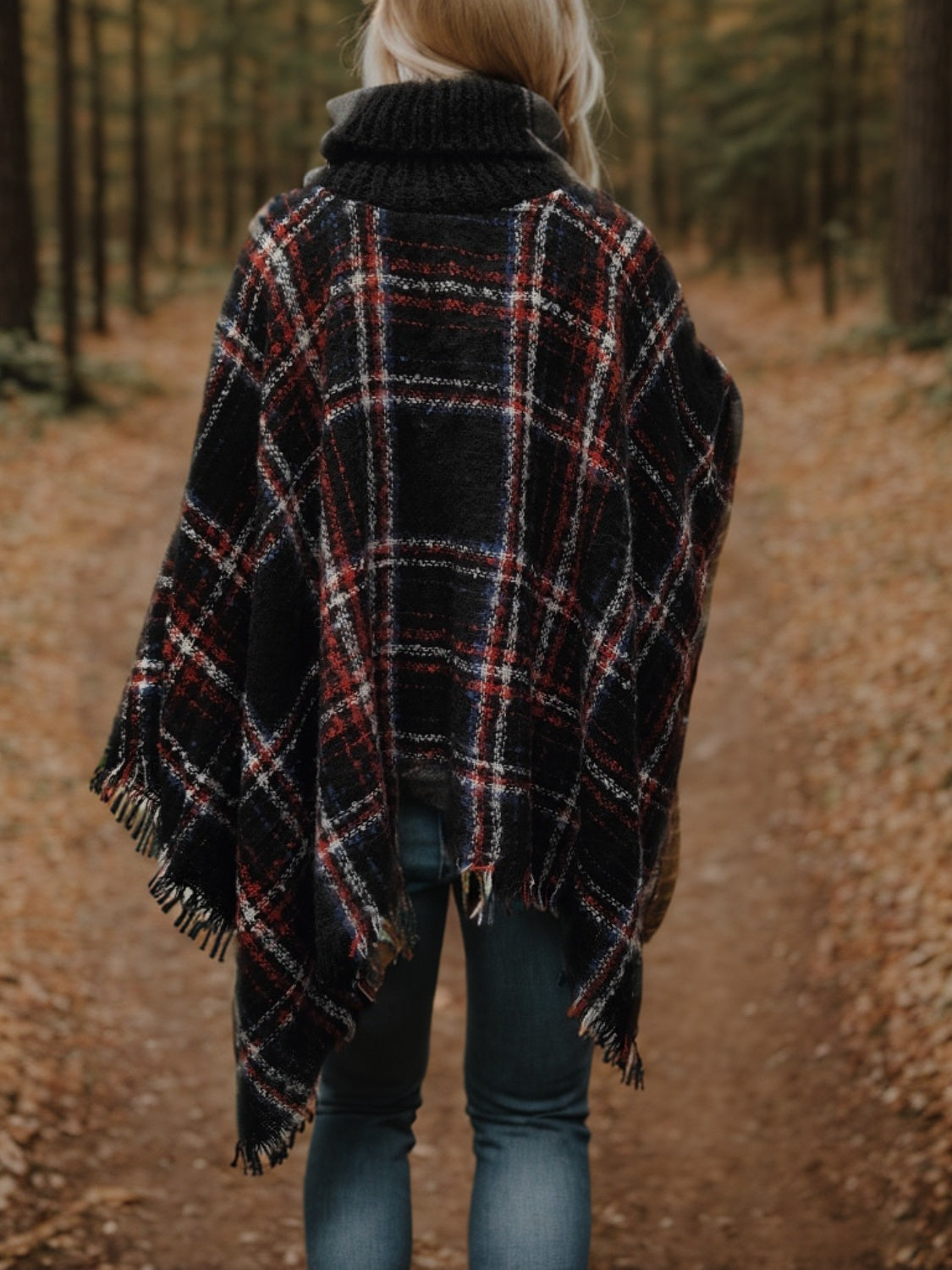 Shiny Turtleneck Plaid Raw Hem Sweater