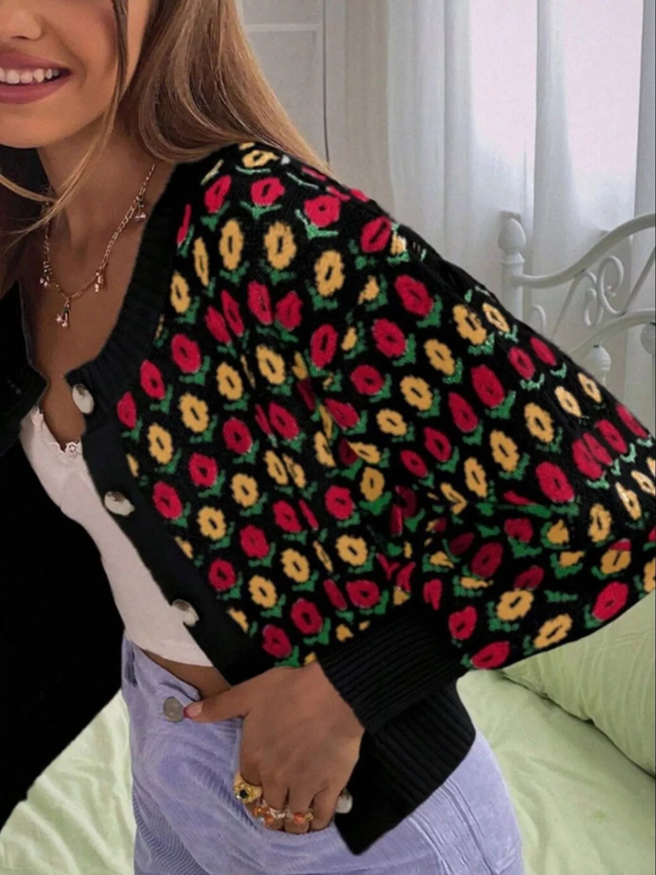 Floral Button Up Long Sleeve Cardigan OutfitFlow