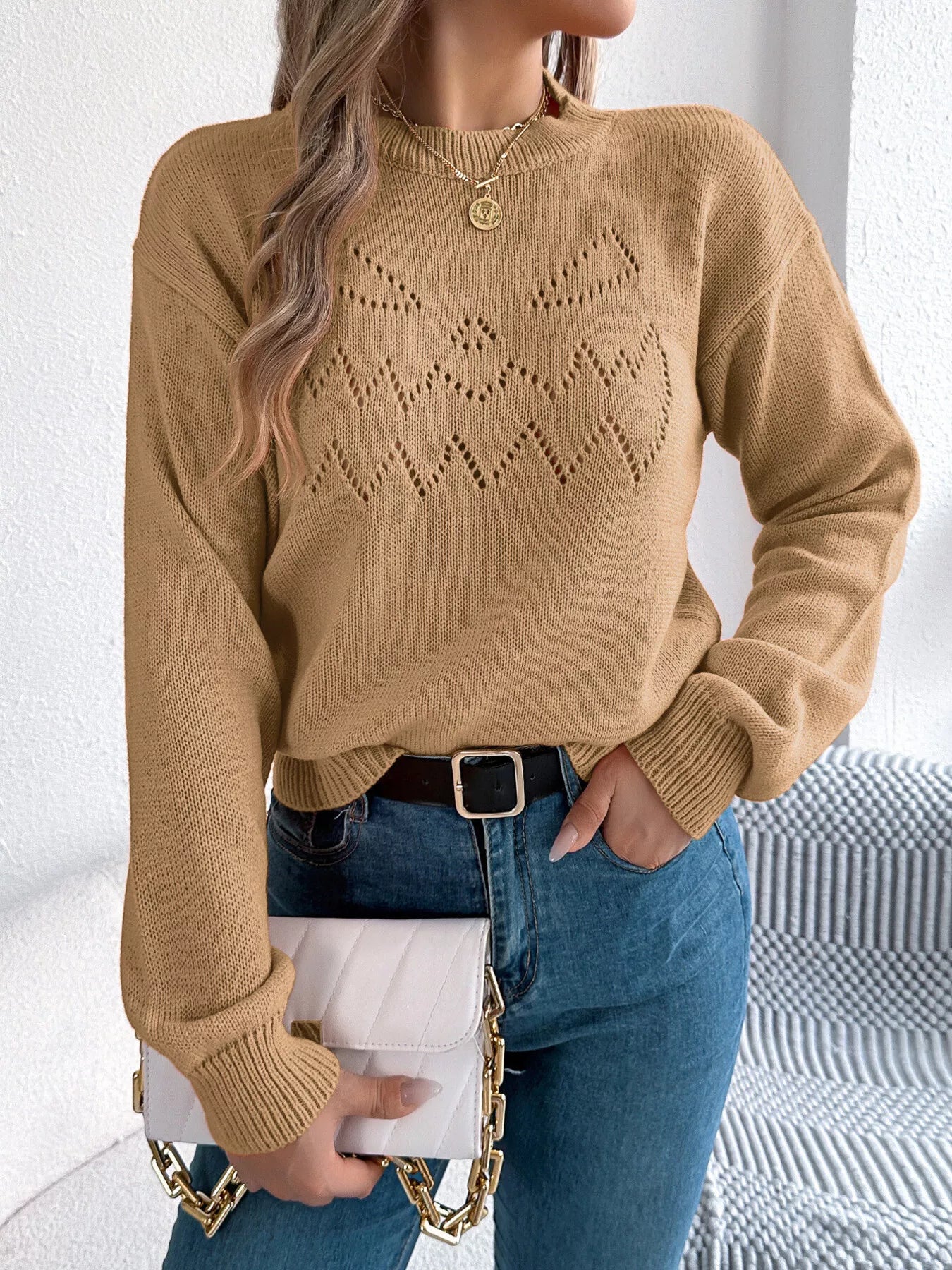 Openwork Round Neck Long Sleeve Sweater Khaki OutfitFlow