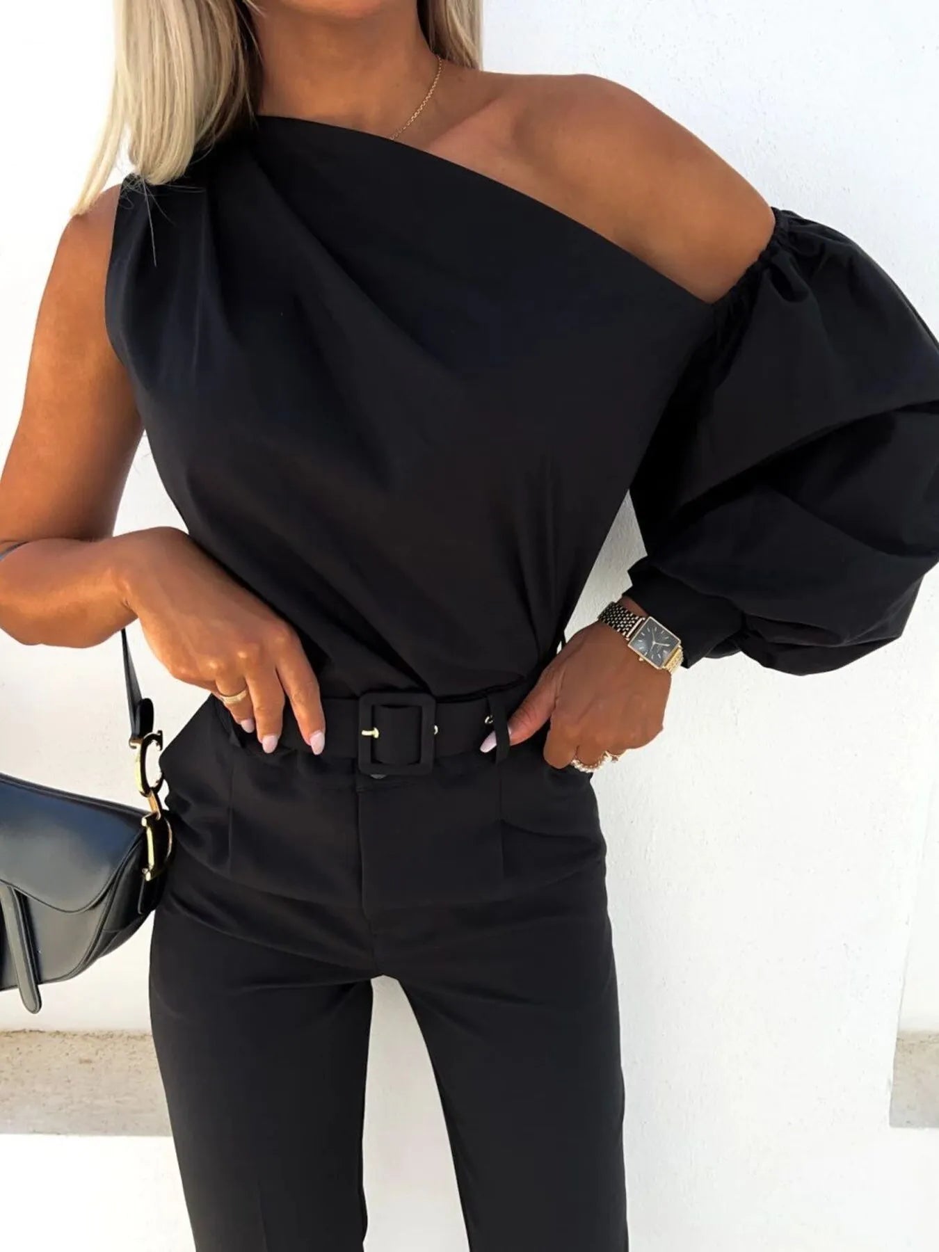 One Shoulder Puff Sleeve Blouse OutfitFlow