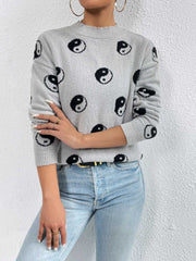 Patterned Drop Shoulder Sweater Heather Gray Trendsi