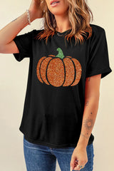 Glitter Pumpkin Round Neck Short Sleeve T-Shirt OutfitFlow