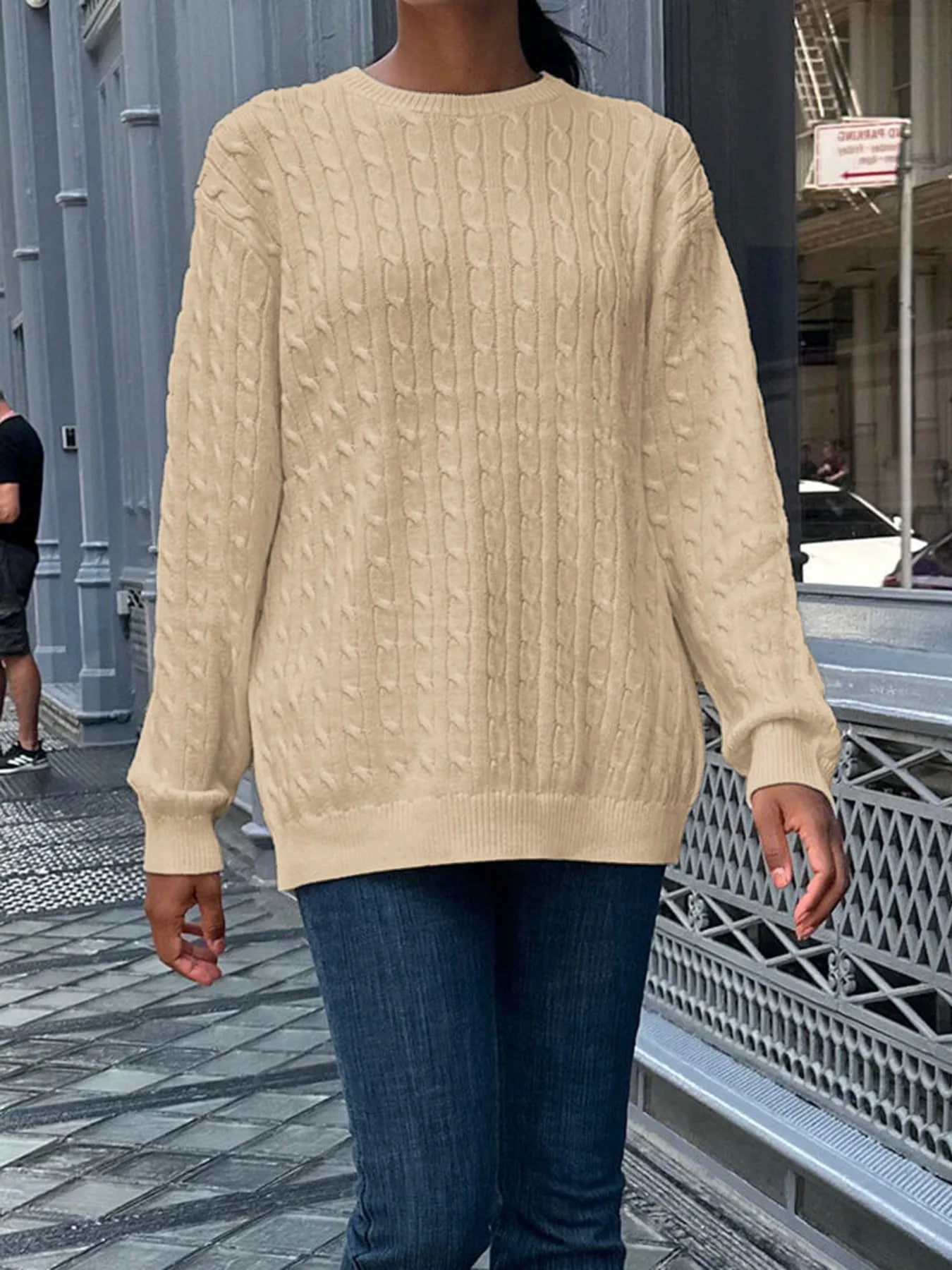 Cable-Knit Round Neck Pullover Sweater OutfitFlow