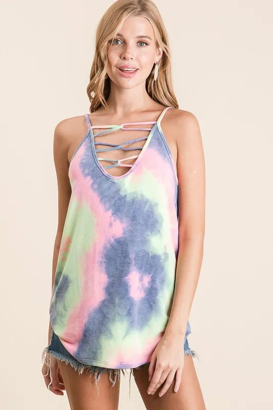 BiBi Tie Dye Terry Camisole with Caged Neck CHARCOAL TIE DYE OutfitFlow