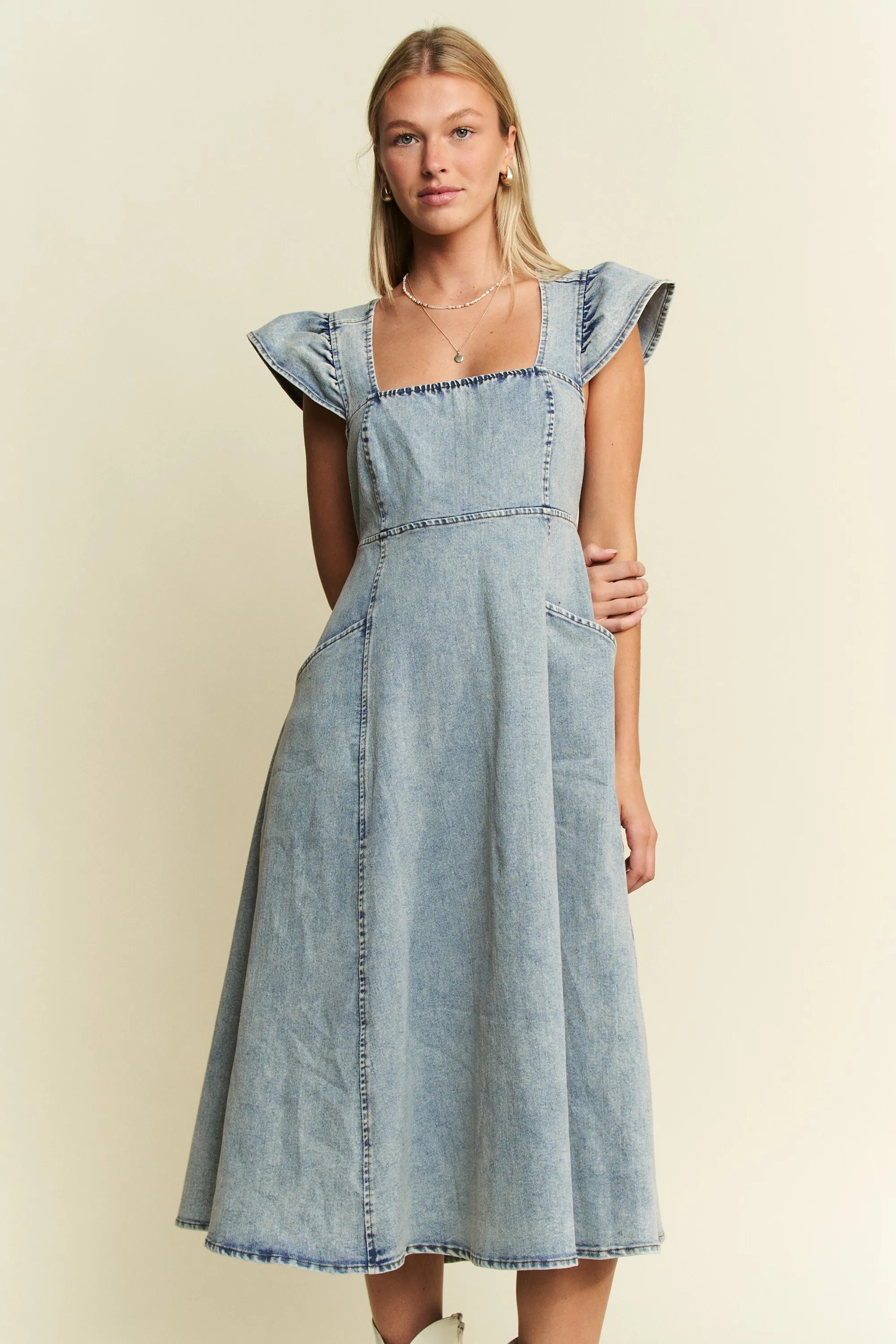 Jade By Jane Full Size Ruffled Denim Midi Dress Plus Size OutfitFlow