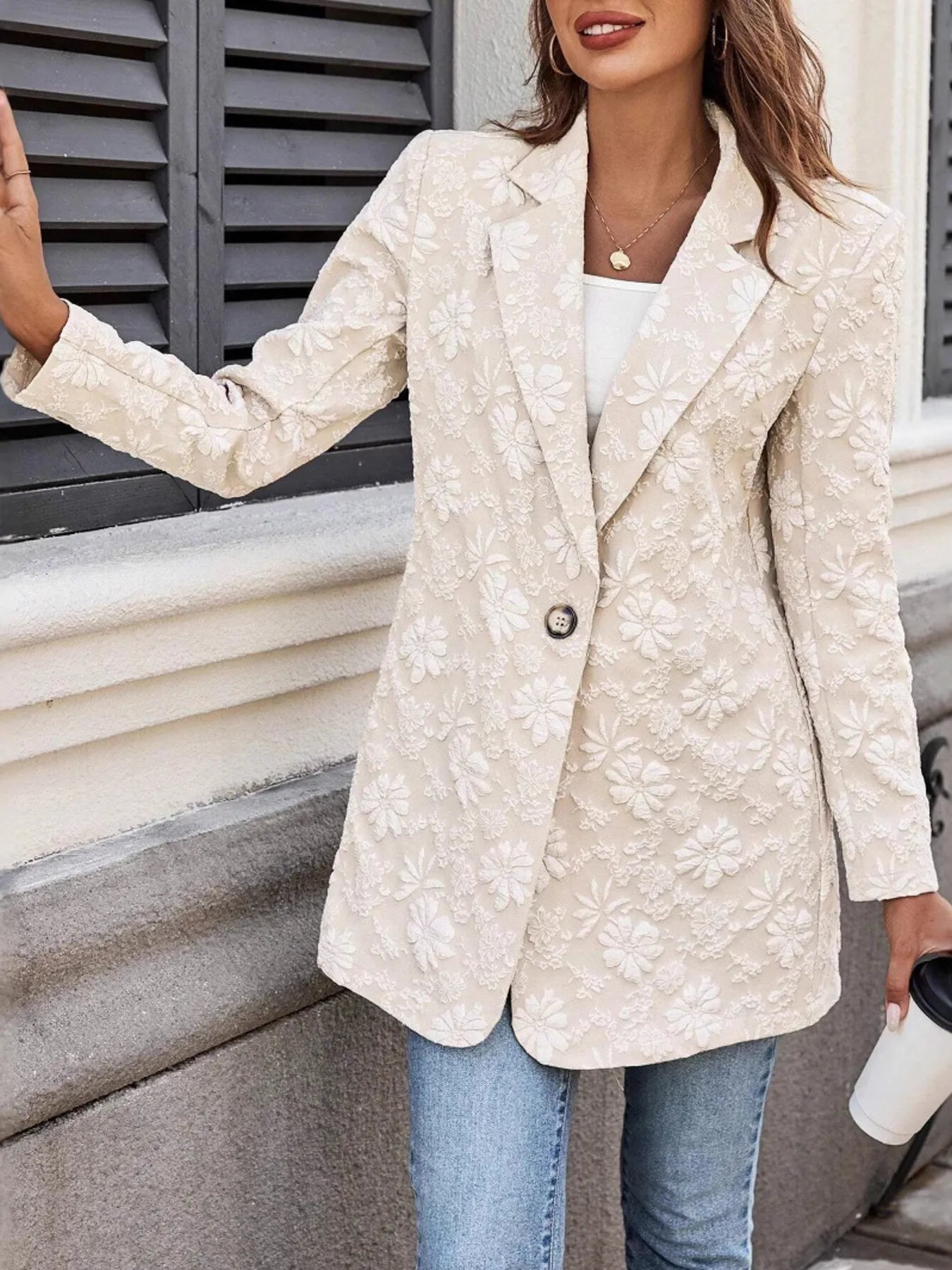 Floral Jacquard One Button Long Sleeve Blazer OutfitFlow