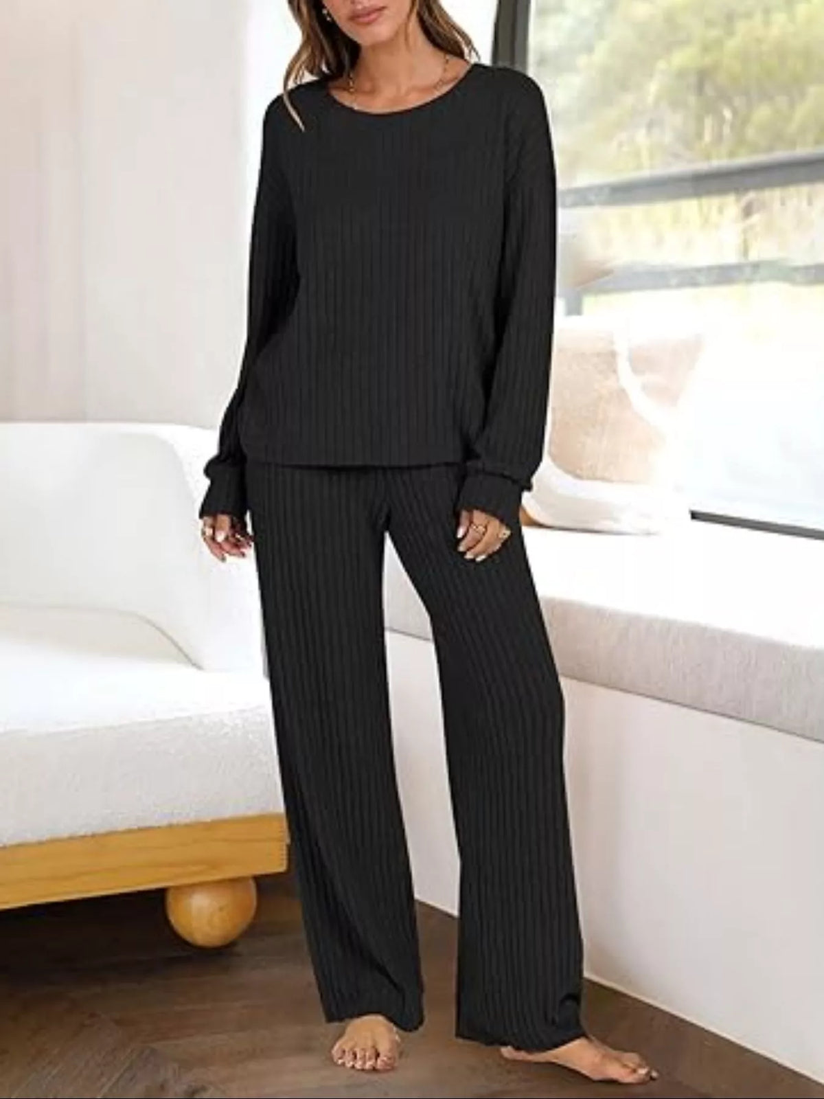 Relaxed Fit Ribbed Knit Top and Pants Set Black OutfitFlow
