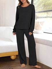 Relaxed Fit Ribbed Knit Top and Pants Set Black OutfitFlow