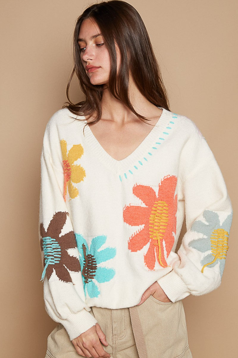 Outfit Flow - POL V-Neck Long Sleeve Flower Fringe Sweater