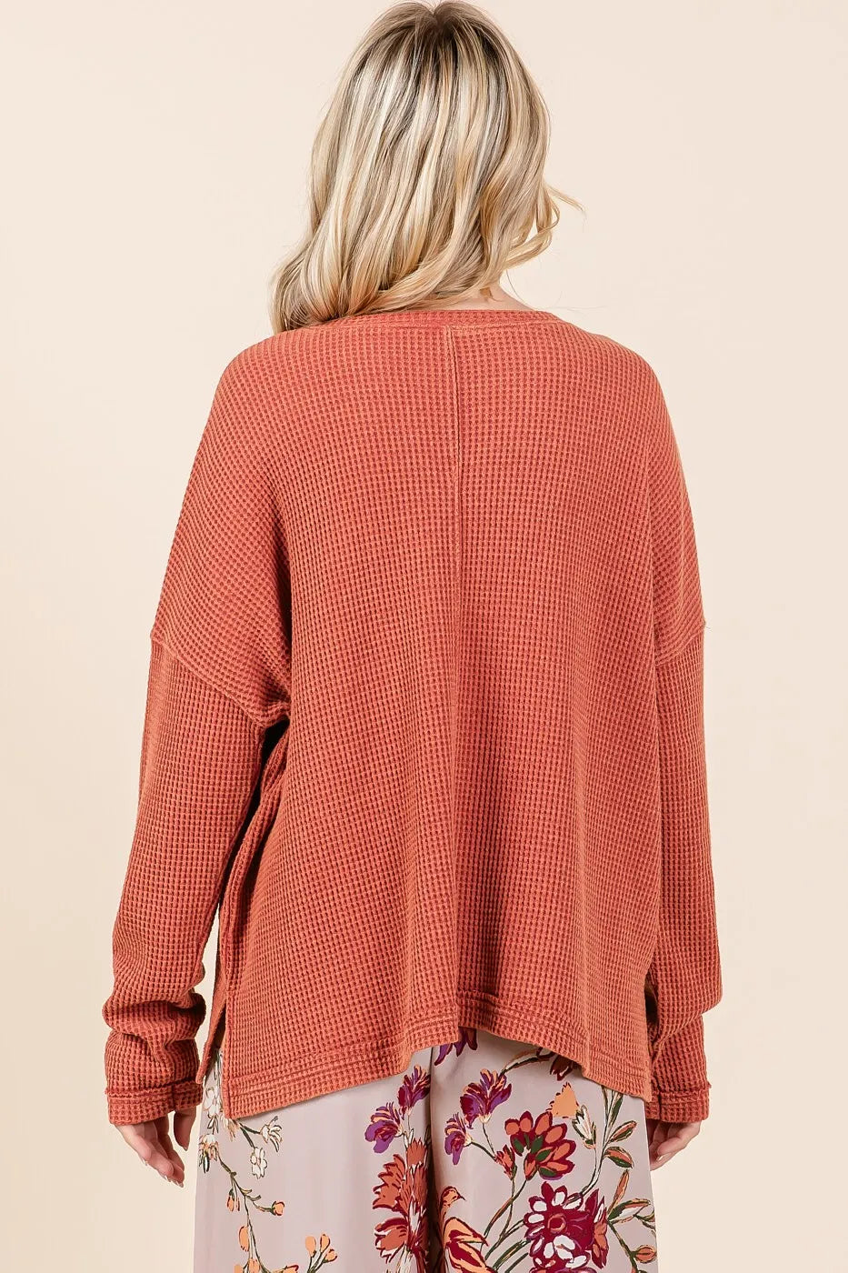 Mittoshop Mineral Wash Cutout Pocket Long Sleeve Waffle Top OutfitFlow