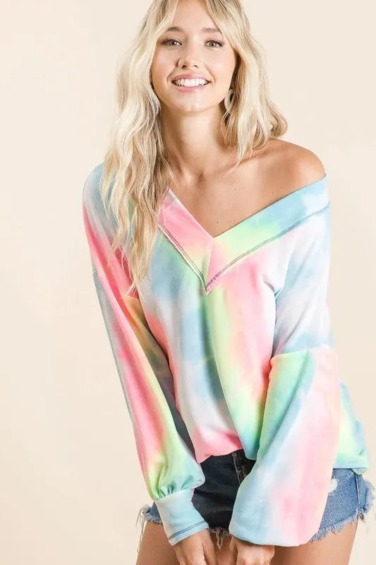 BiBi Tie Dye French Terry V-Neck Top with Puff Sleeves OutfitFlow