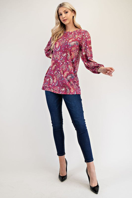 Celeste Full Size Paisley Round Neck Balloon Sleeve Top