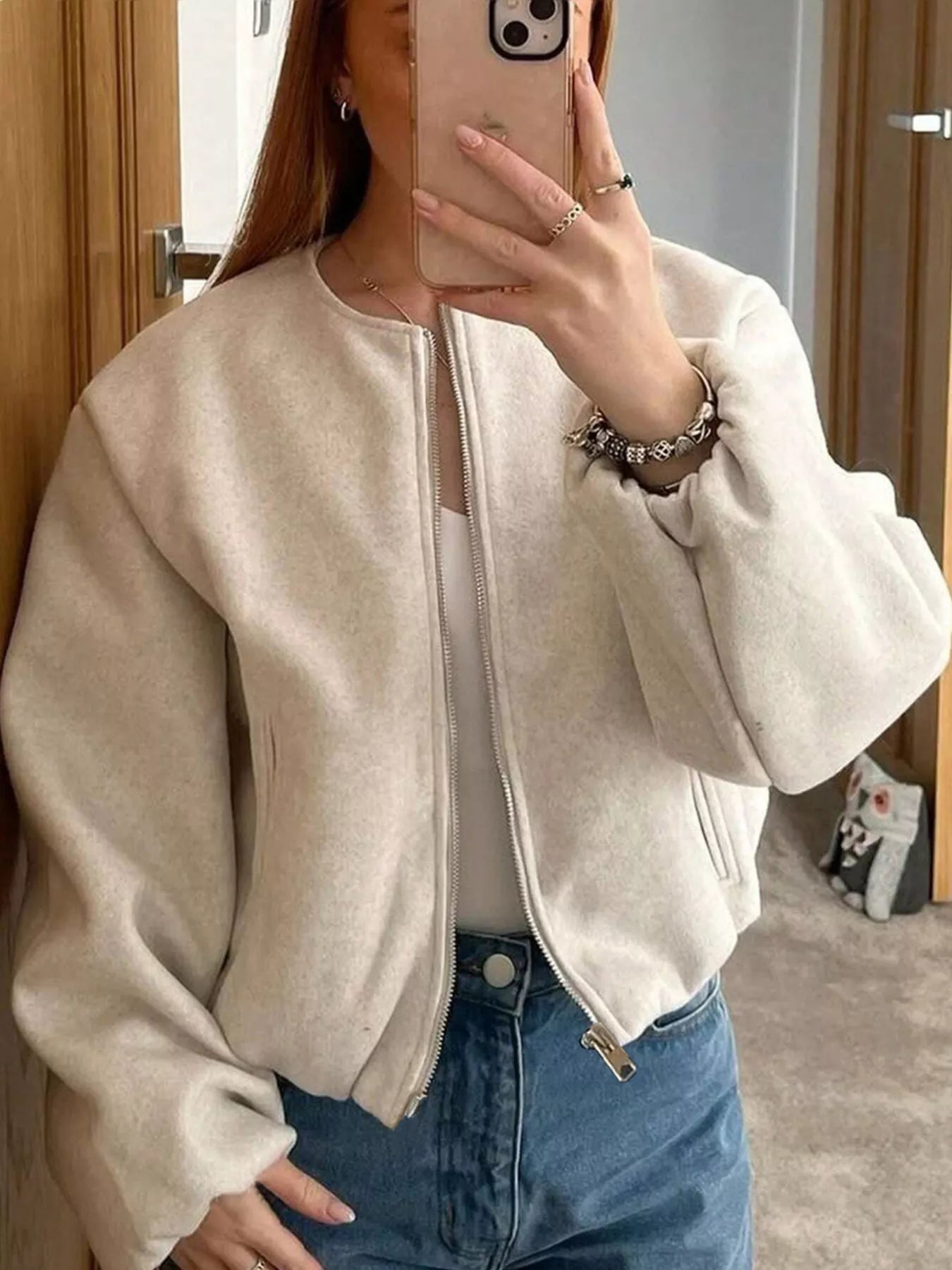 Plus Size Casual Fleece Zip-Up Bomber Jacket Beige OutfitFlow