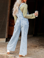 Vintage Washed Wide Leg Denim Overalls with Front Pockets OutfitFlow
