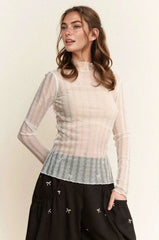Davi & Dani Turtle Neck Lace Dotted Stretch Mesh Sheer Top OutfitFlow