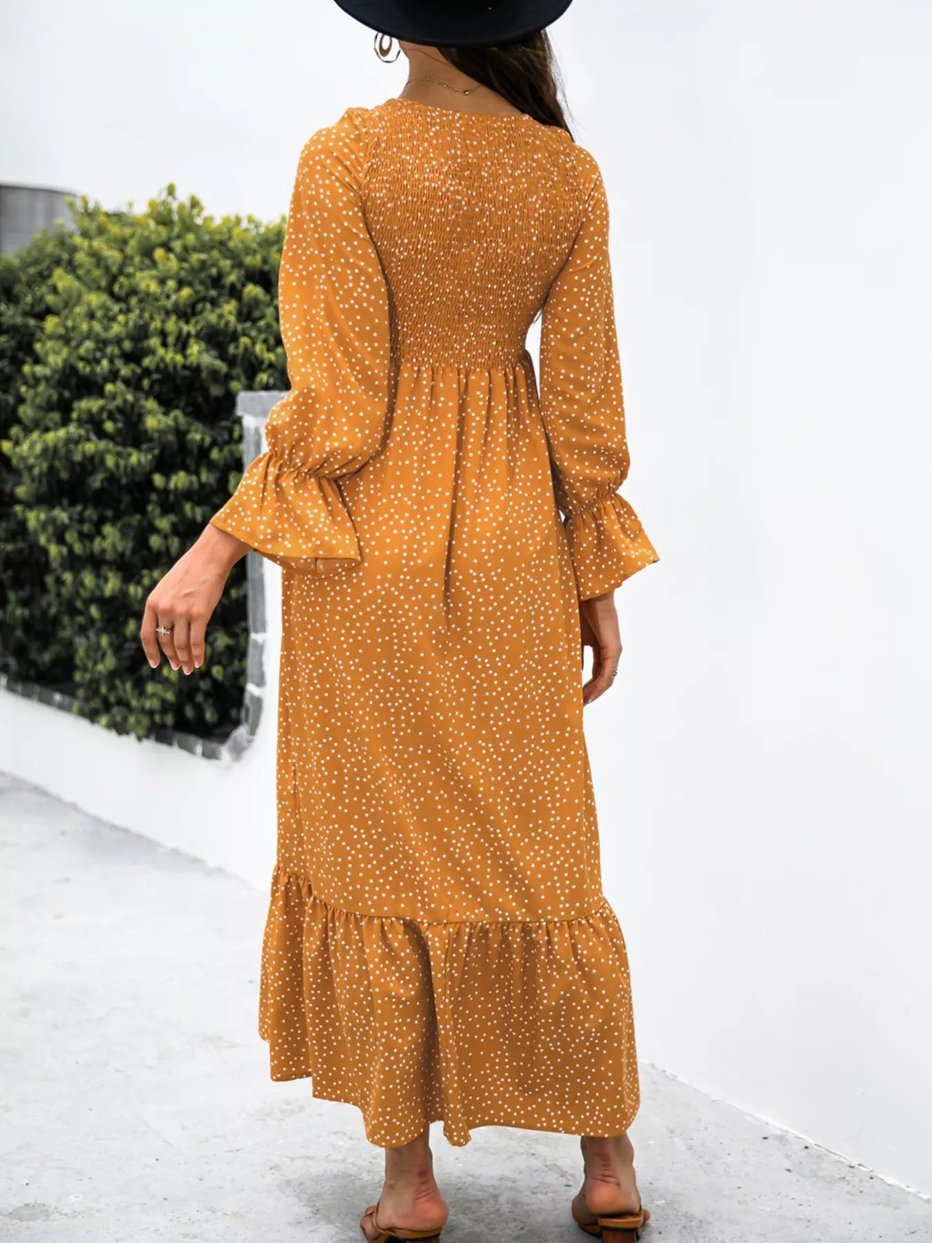 Ruffled Printed Long Sleeve Maxi Dress OutfitFlow