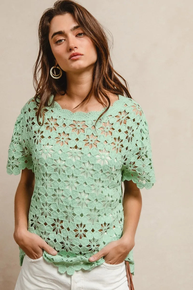 BiBi Openwork Crochet Short Sleeve Knit Top OutfitFlow