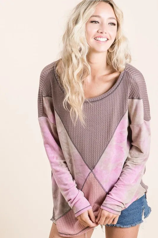 BiBi Thermal Waffle Color Block Top with Tie Dye OutfitFlow
