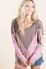 BiBi Thermal Waffle Color Block Top with Tie Dye OutfitFlow