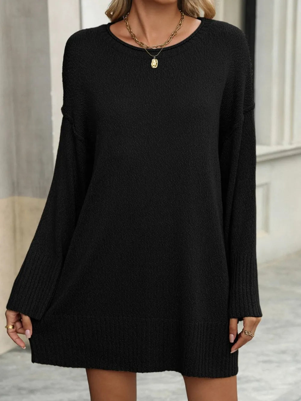 Round Neck Dropped Shoulder Sweater Black OutfitFlow